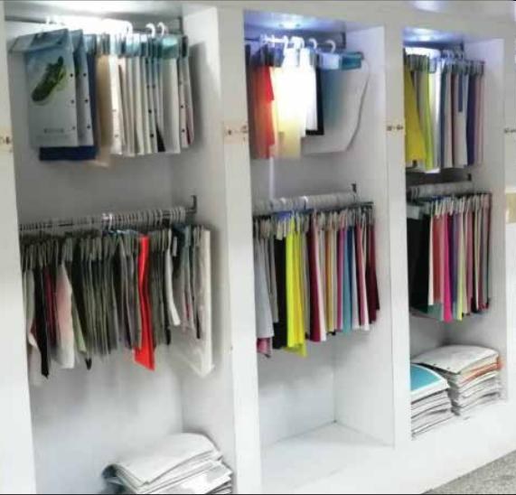Fabric swatch showroom with sports jersey and sublimation samples